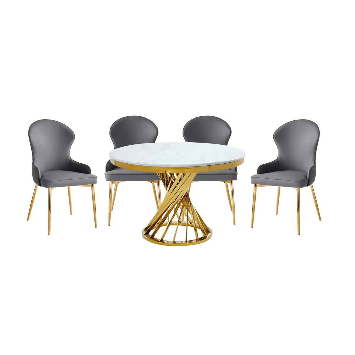 Round Dining Table with White Faux Marble Top and Gold Spiral Metal Base 5