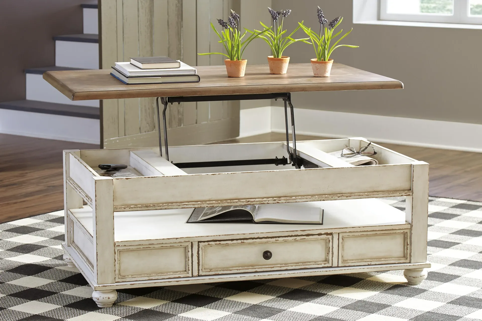 Realyn Two-Tone Lift-Top Coffee Table with Drawer and Shelf 4