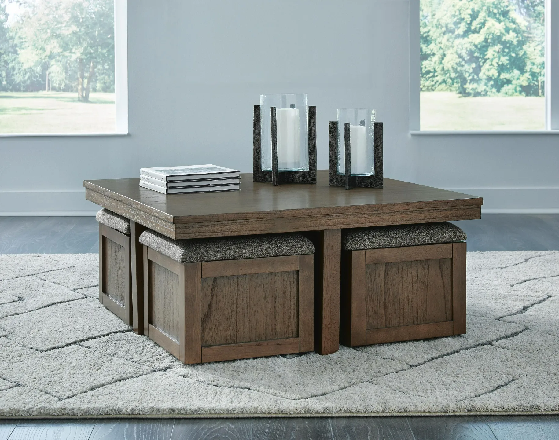 Boardernest Light Brown Coffee Table with 4 Storage Stools 2