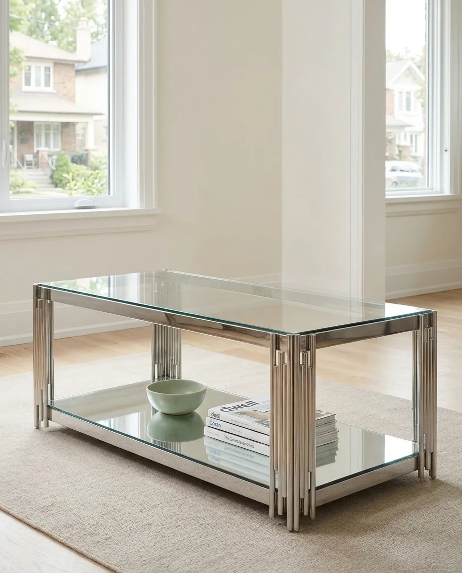 Estrel Chrome and Glass Coffee Table with Mirrored Shelf (Silver) 5