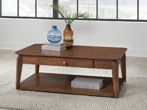Trenmour Medium Brown Mid-Century Coffee Table with Drawer and Shelf 3