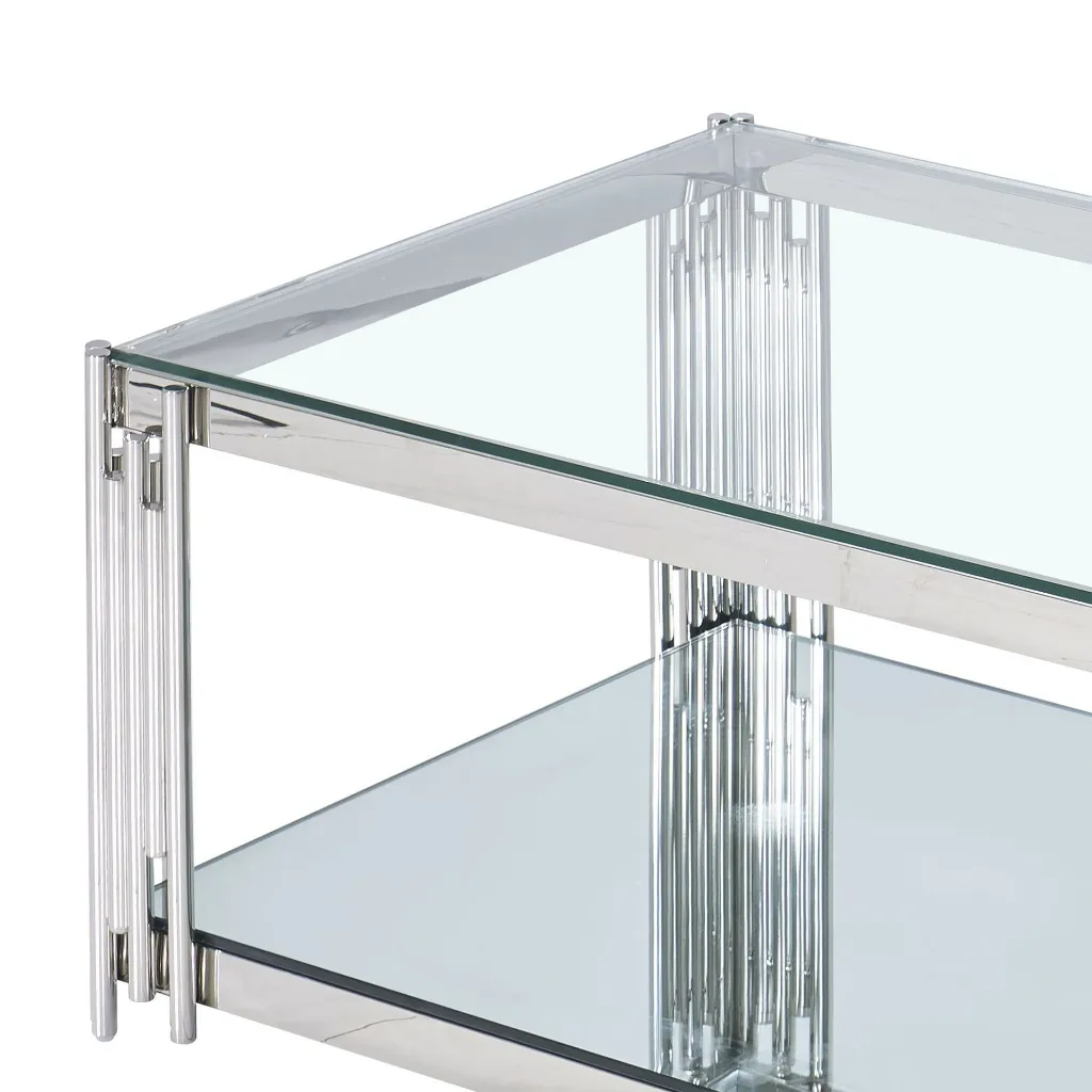 Estrel Chrome and Glass Coffee Table with Mirrored Shelf (Silver) view 7