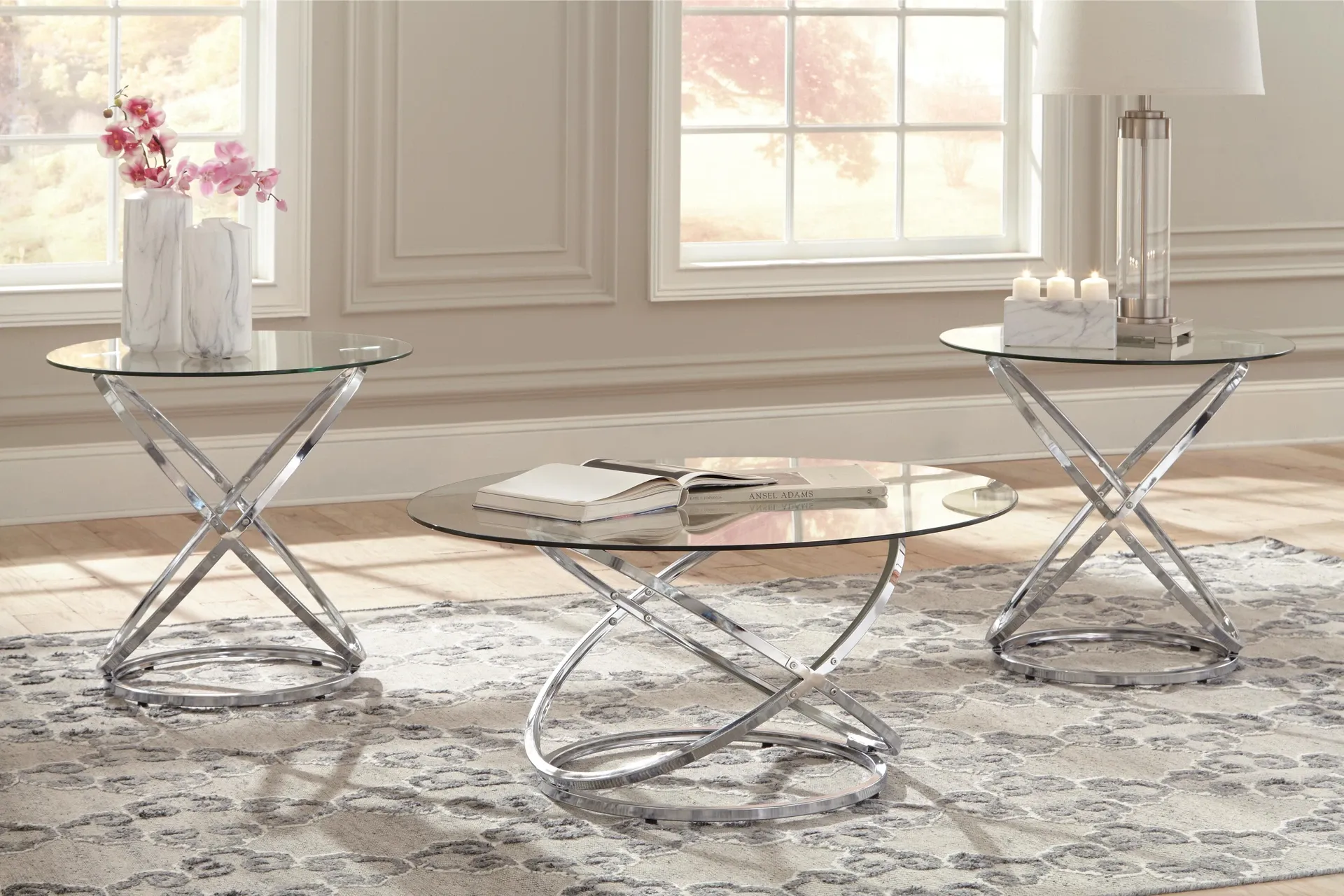 Hollynyx Round Glass and Chrome 3-Piece Coffee Table Set 3