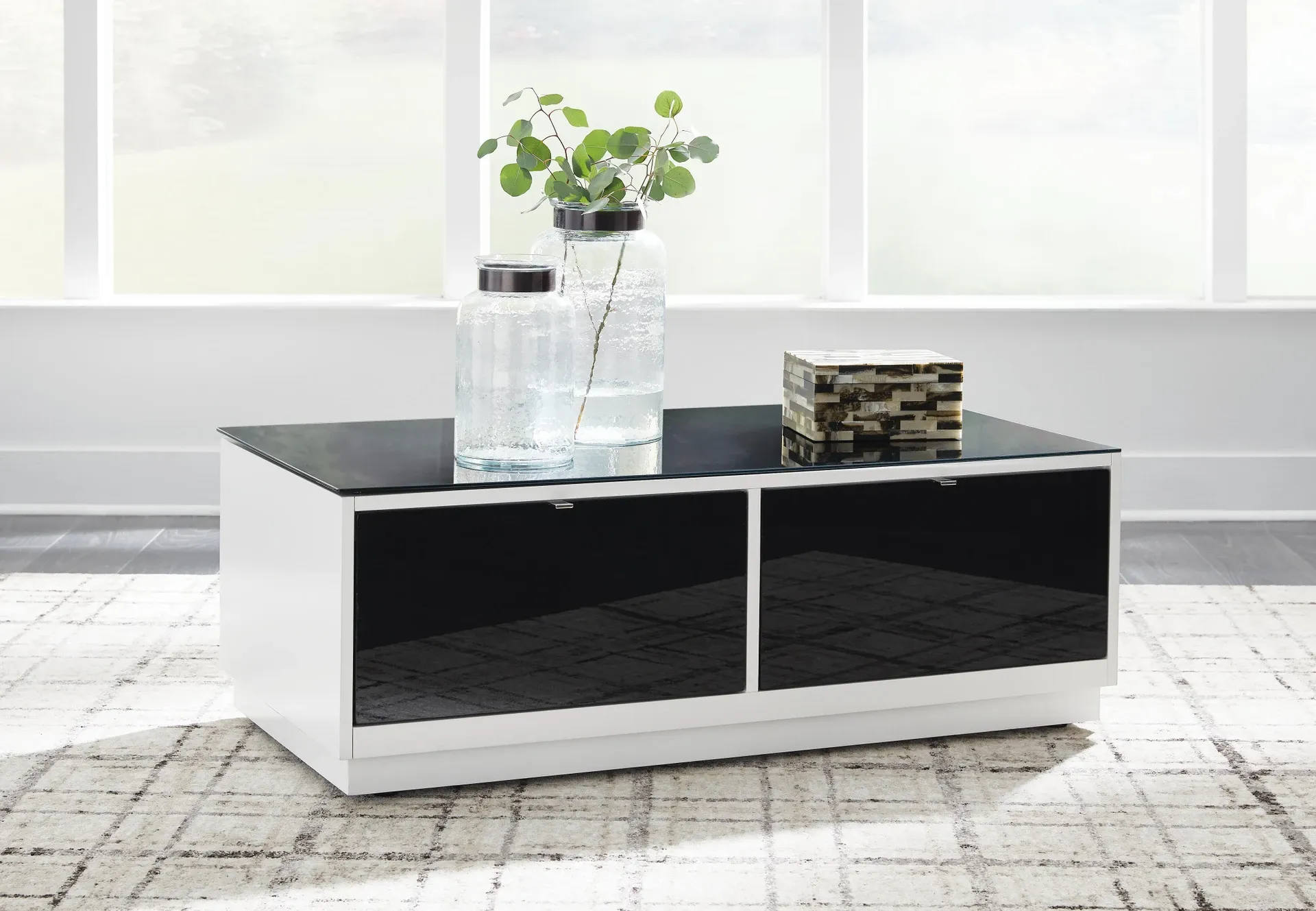 Gardoni White Gloss Coffee Table with Black Glass Top and Drawers 5