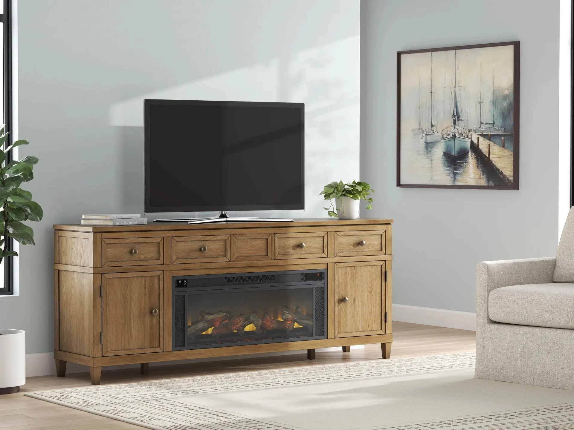 Sharlance Light Brown 81" TV Stand with Electric Fireplace 2