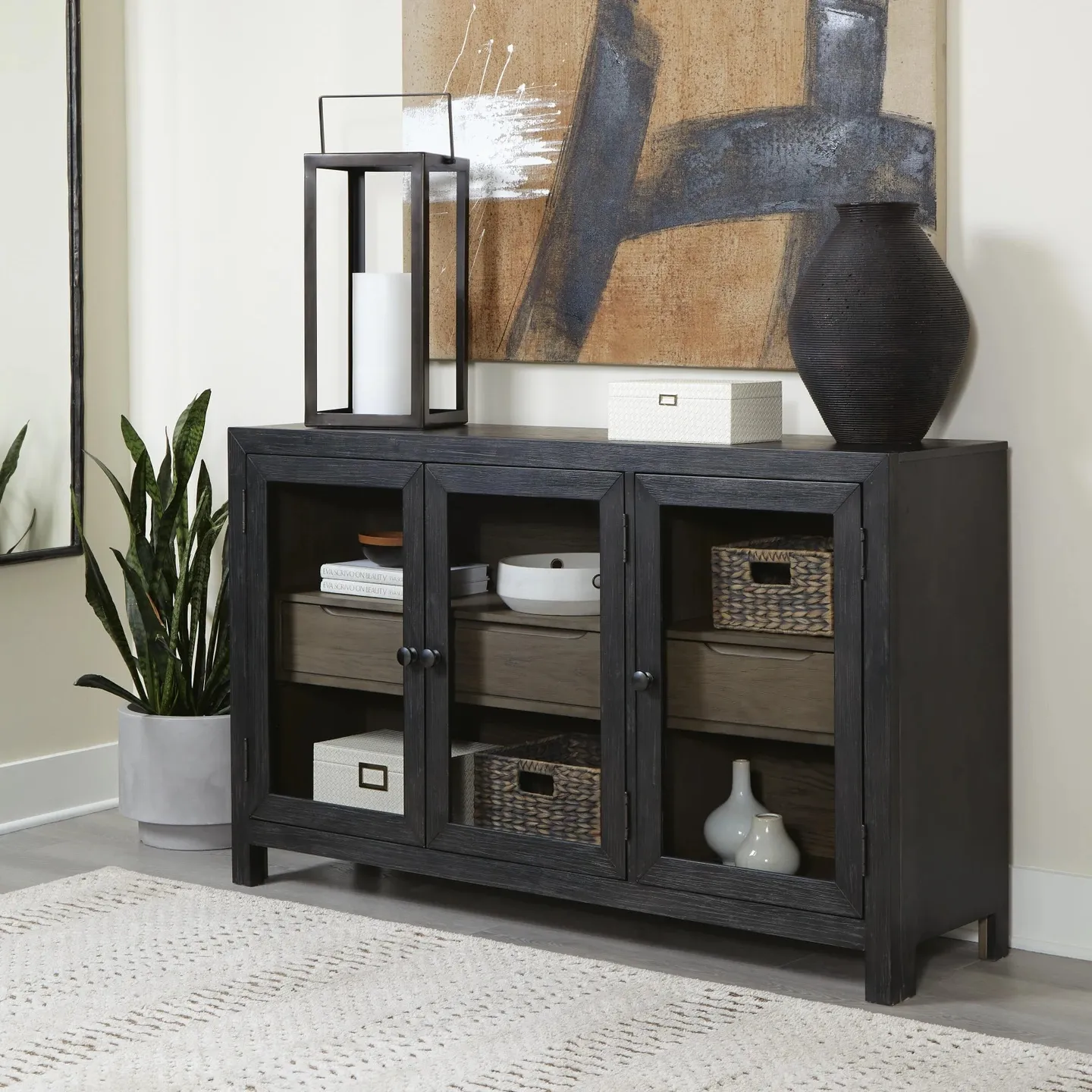 Lenston Black 3-Door Accent Cabinet with Glass Doors 2
