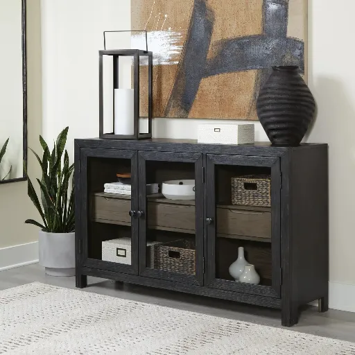 Lenston Black 3-Door Accent Cabinet with Glass Doors 2