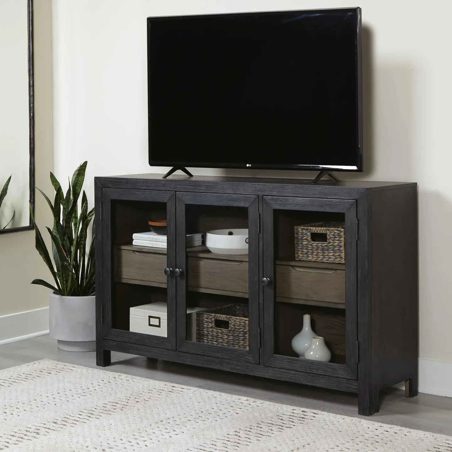 Lenston Black 3-Door Accent Cabinet with Glass Doors 3