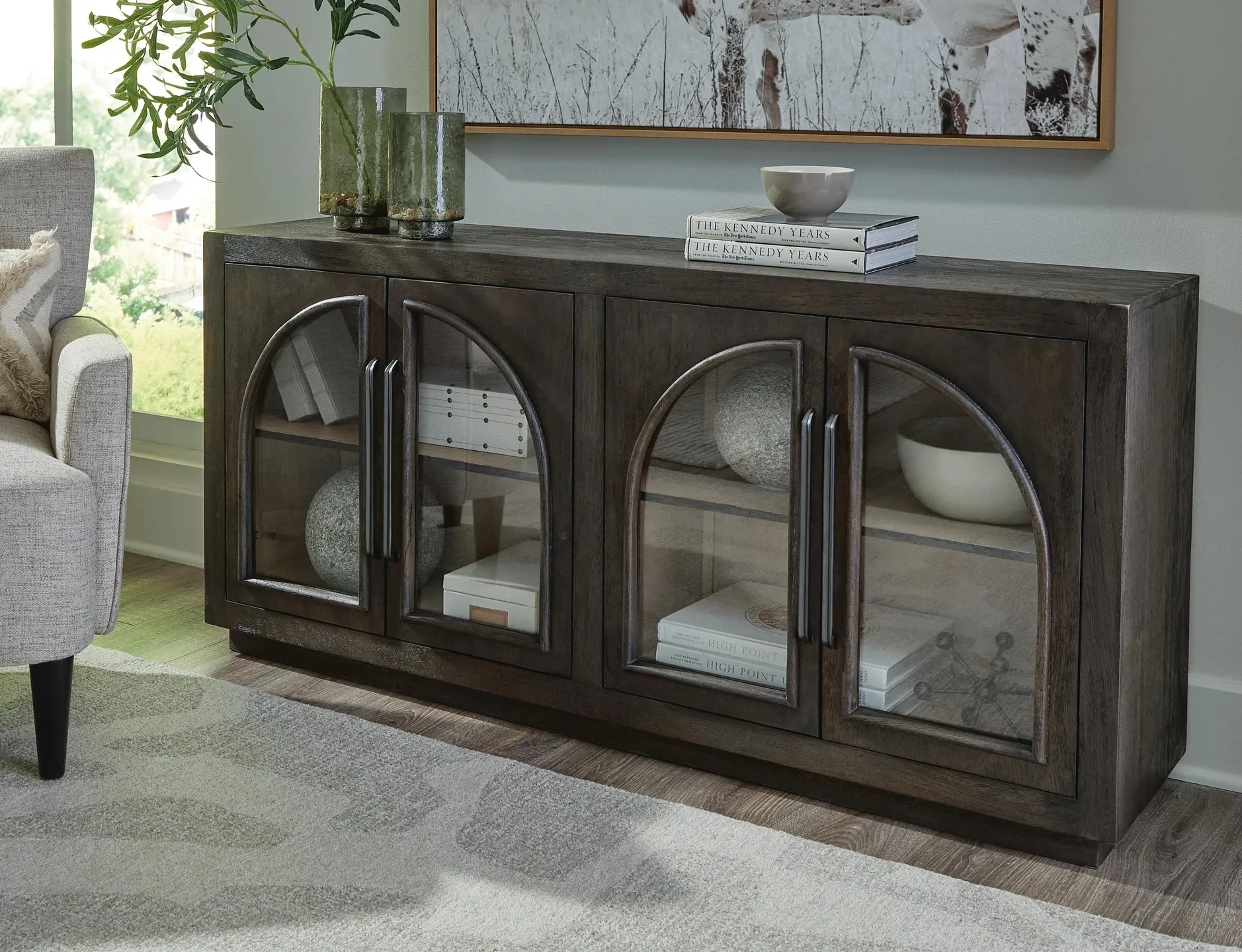 Dreley Two-Tone 4-Door Accent Cabinet with Arched Glass 2