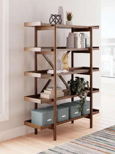 Lyncott Mid-Century Brown Five-Shelf Bookcase 2