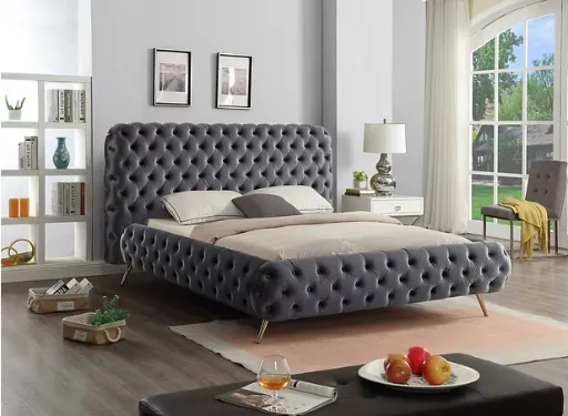 Grace Grey Velvet Tufted Platform Bed with Chrome Legs 2