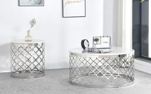 Avery Round White Faux Marble Coffee Table with Chrome Quatrefoil Base 2