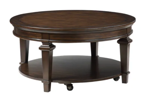 Weston Espresso Round Coffee Table with Open Shelf and Casters 2