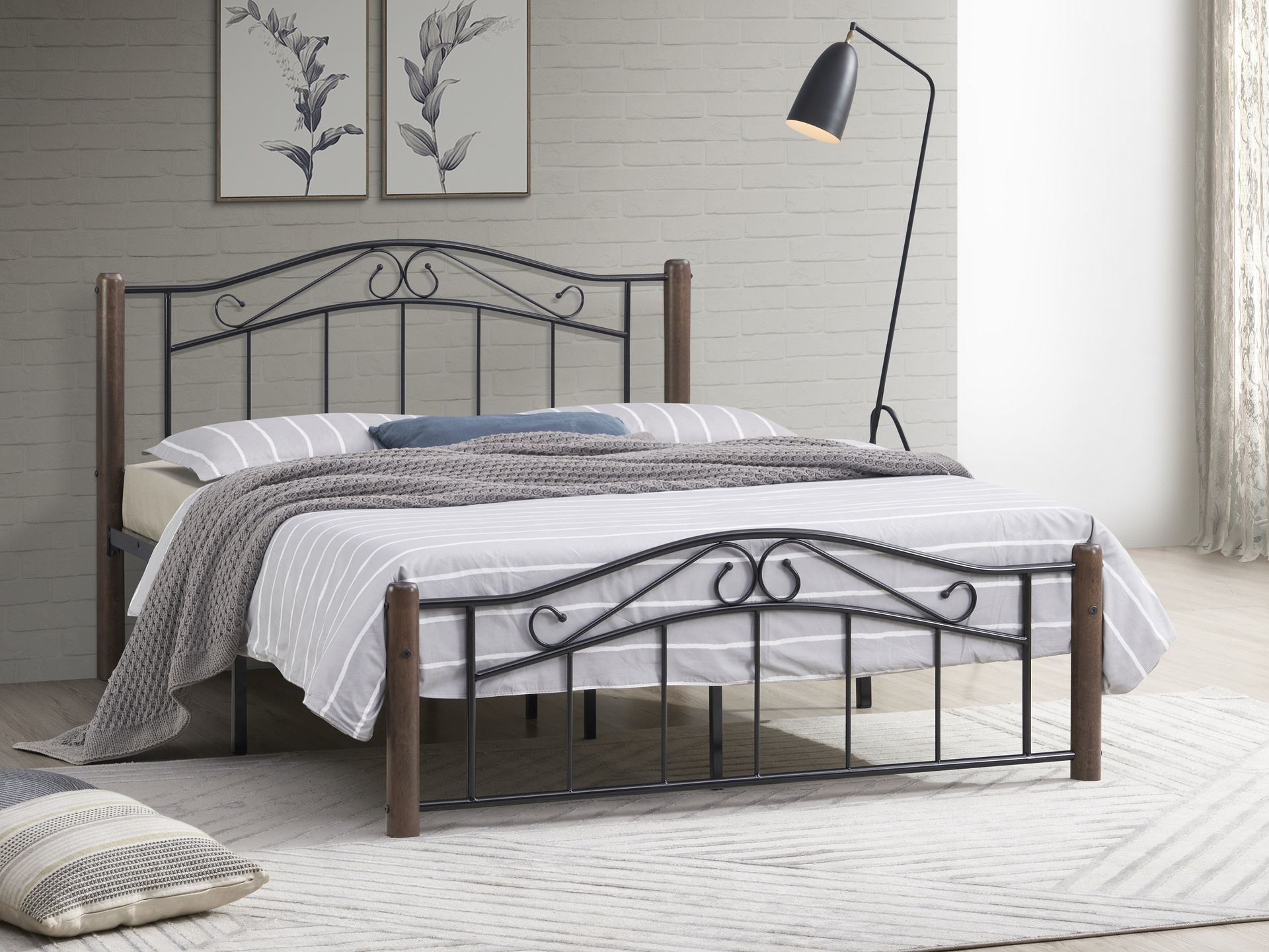Sheridan Black Steel Scroll Platform Bed with Walnut Posts 2