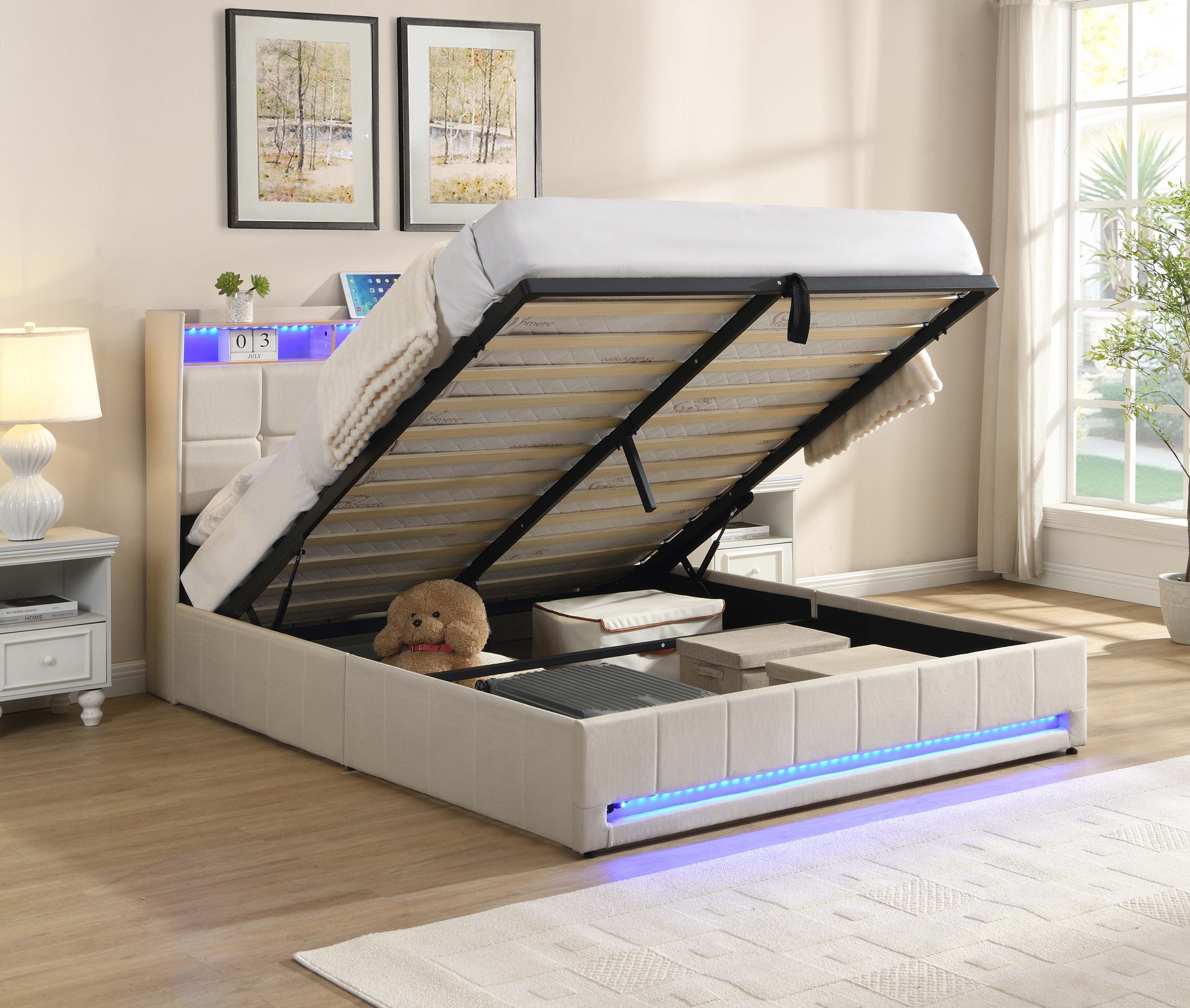 Tavistock Cream Tufted Lift Storage Bed with LED and Bookshelf Headboard 2