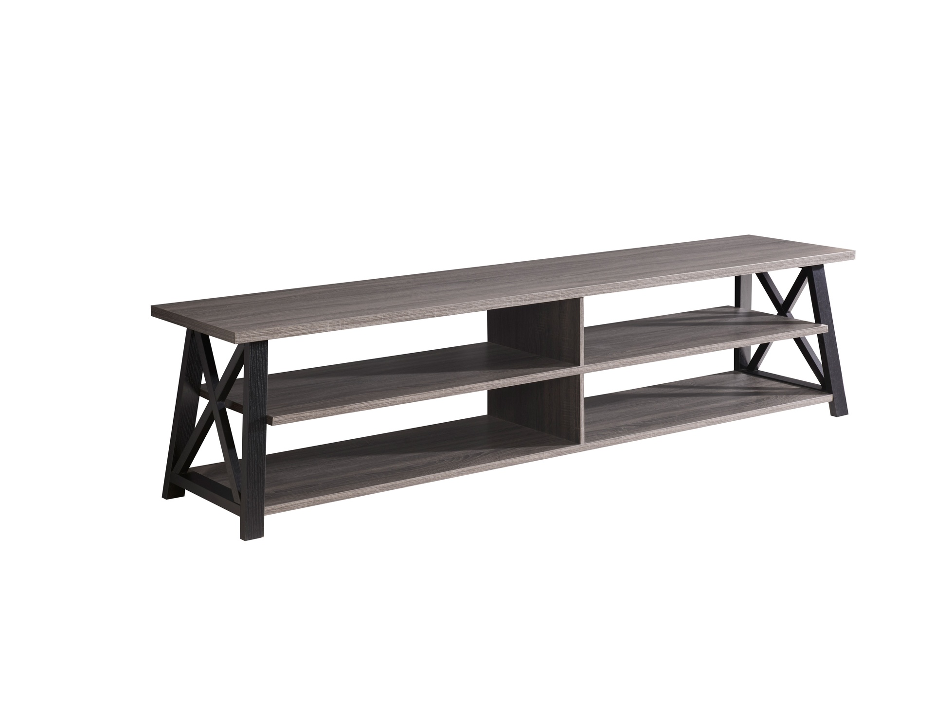 91" X-Frame Black and Distressed Grey TV Stand with Open Shelves 2