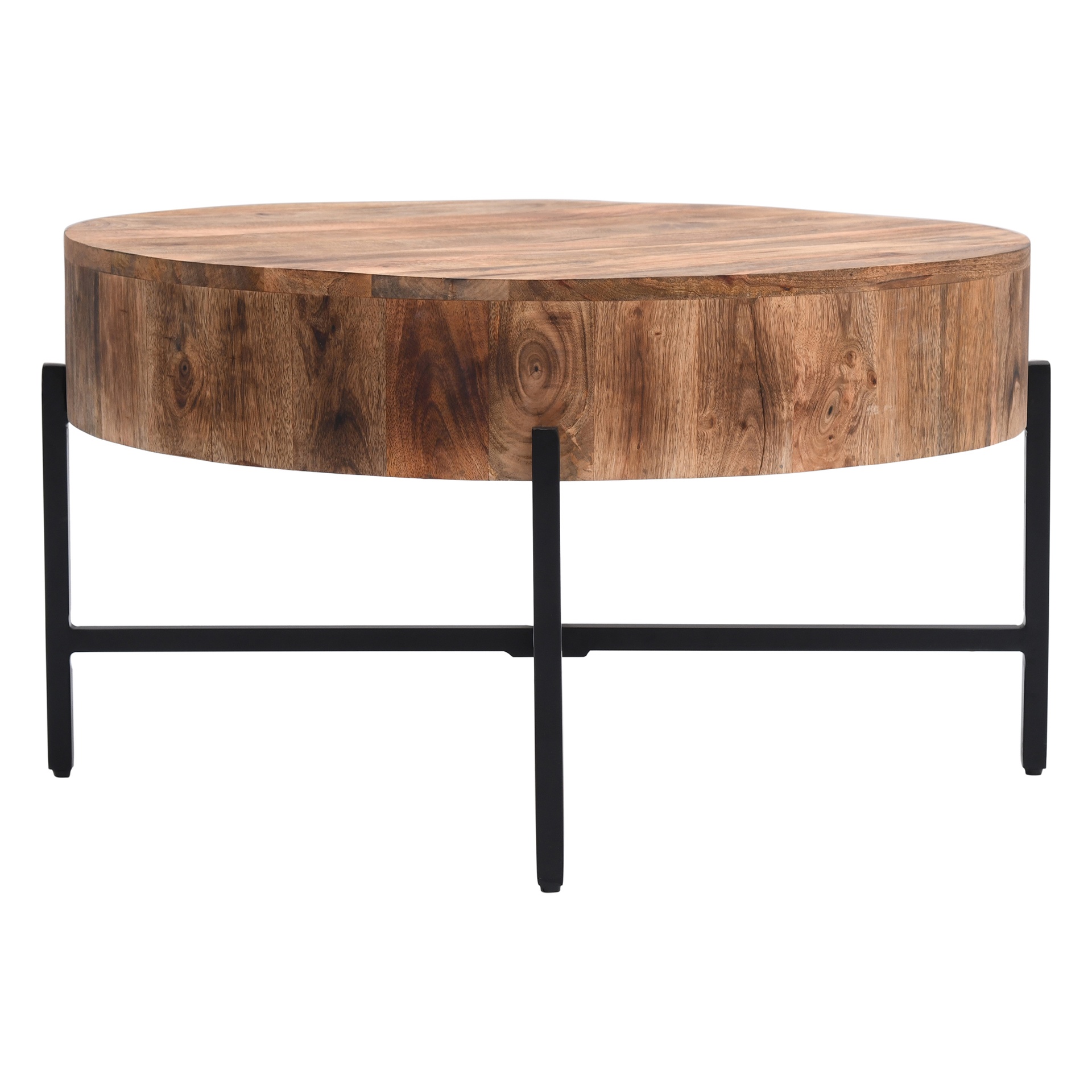 Blox Round Mango Wood Coffee Table with Black Iron Cross Base 3