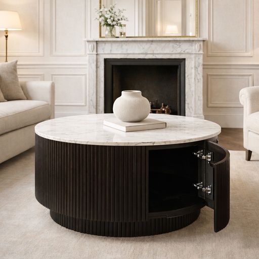 Reyna Round Marble Coffee Table with Hidden Storage (Black/White) 2