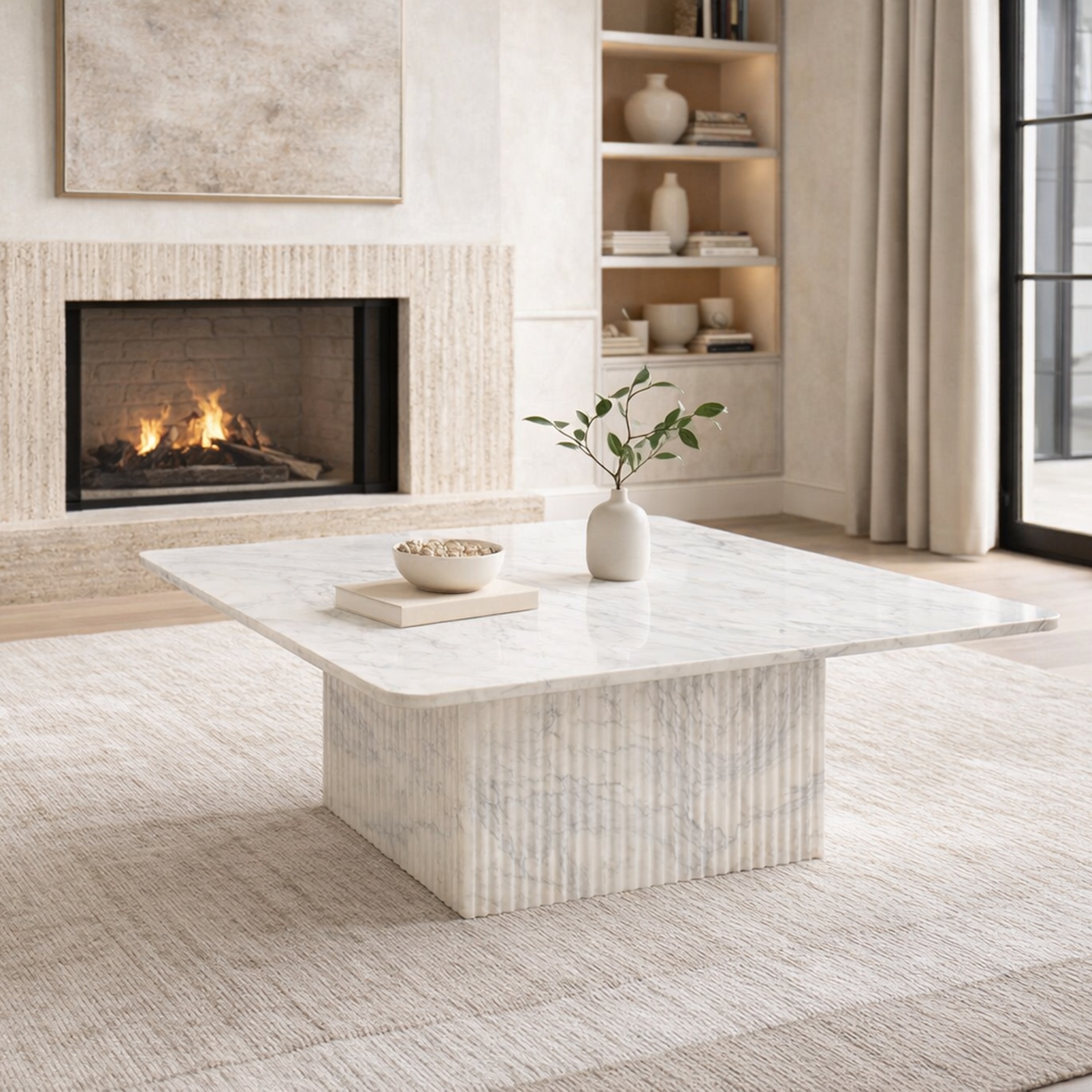 Roland Square White Marble Coffee Table with Reeded Pedestal 2