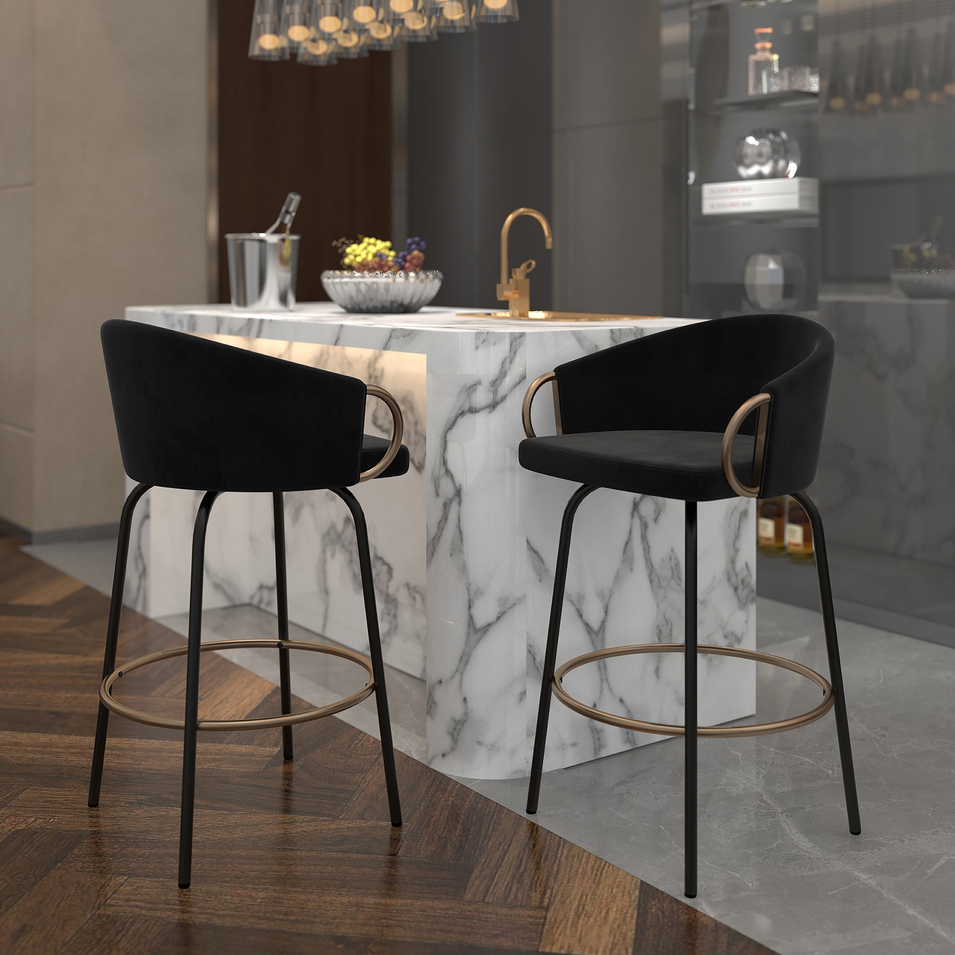 Lavo Black Velvet 26" Counter Stool with Aged Gold Accents 2