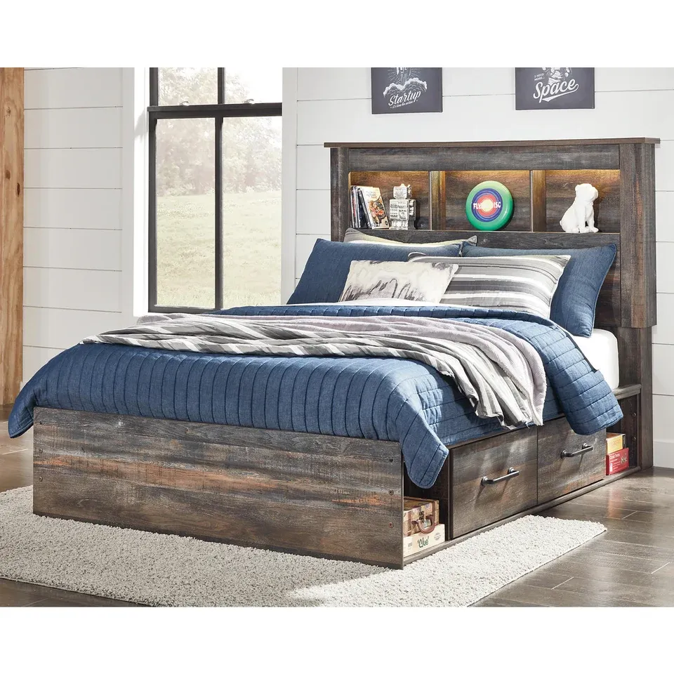 Drystan Full Bookcase Bed with 4 Storage Drawers and LED Cubbies view 1