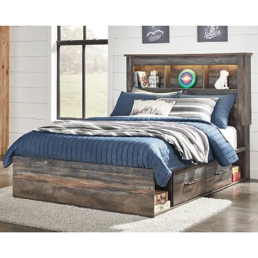 Drystan Full Bookcase Bed with 4 Storage Drawers and LED Cubbies 2