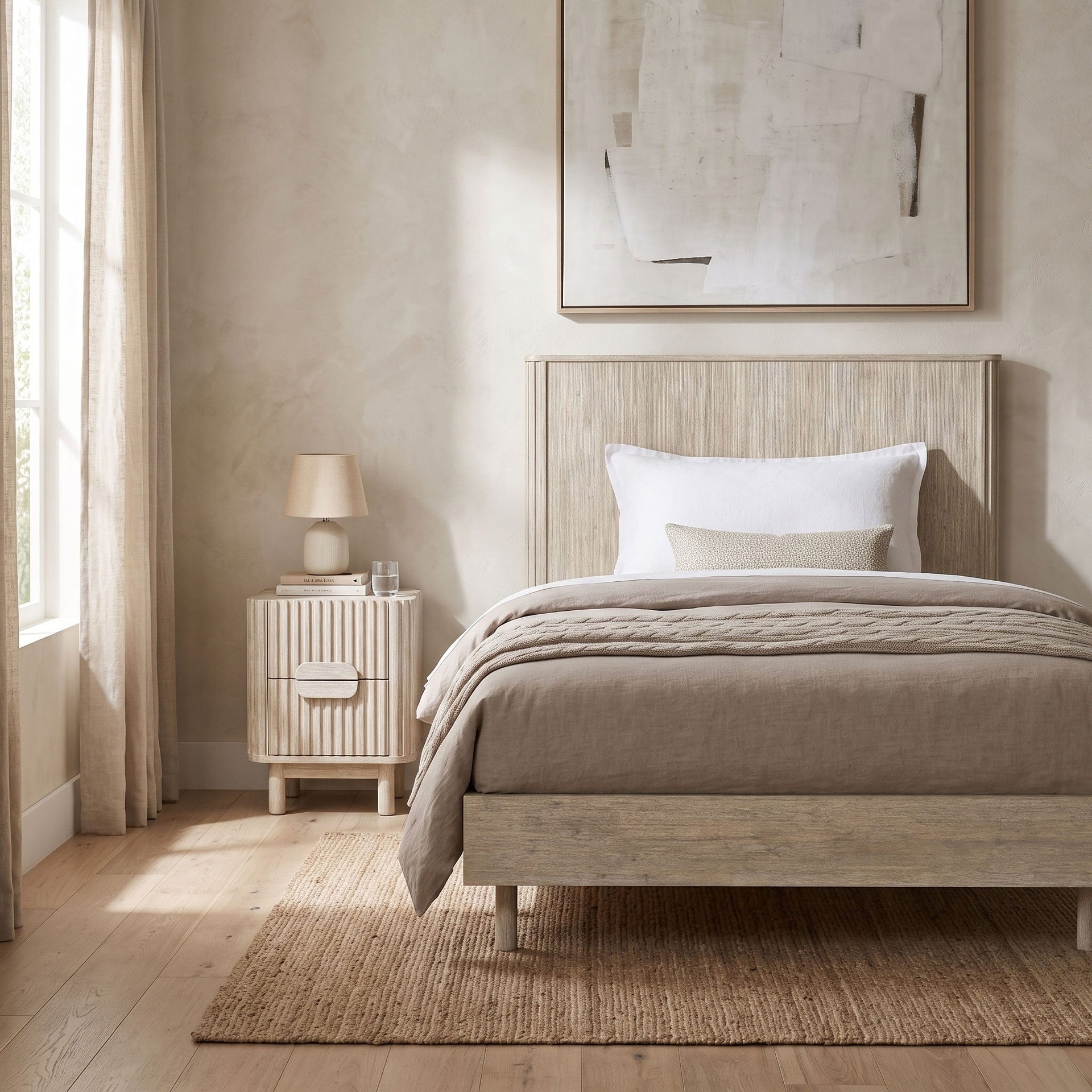 White Washed Acacia Platform Bed with Fluted Headboard 2