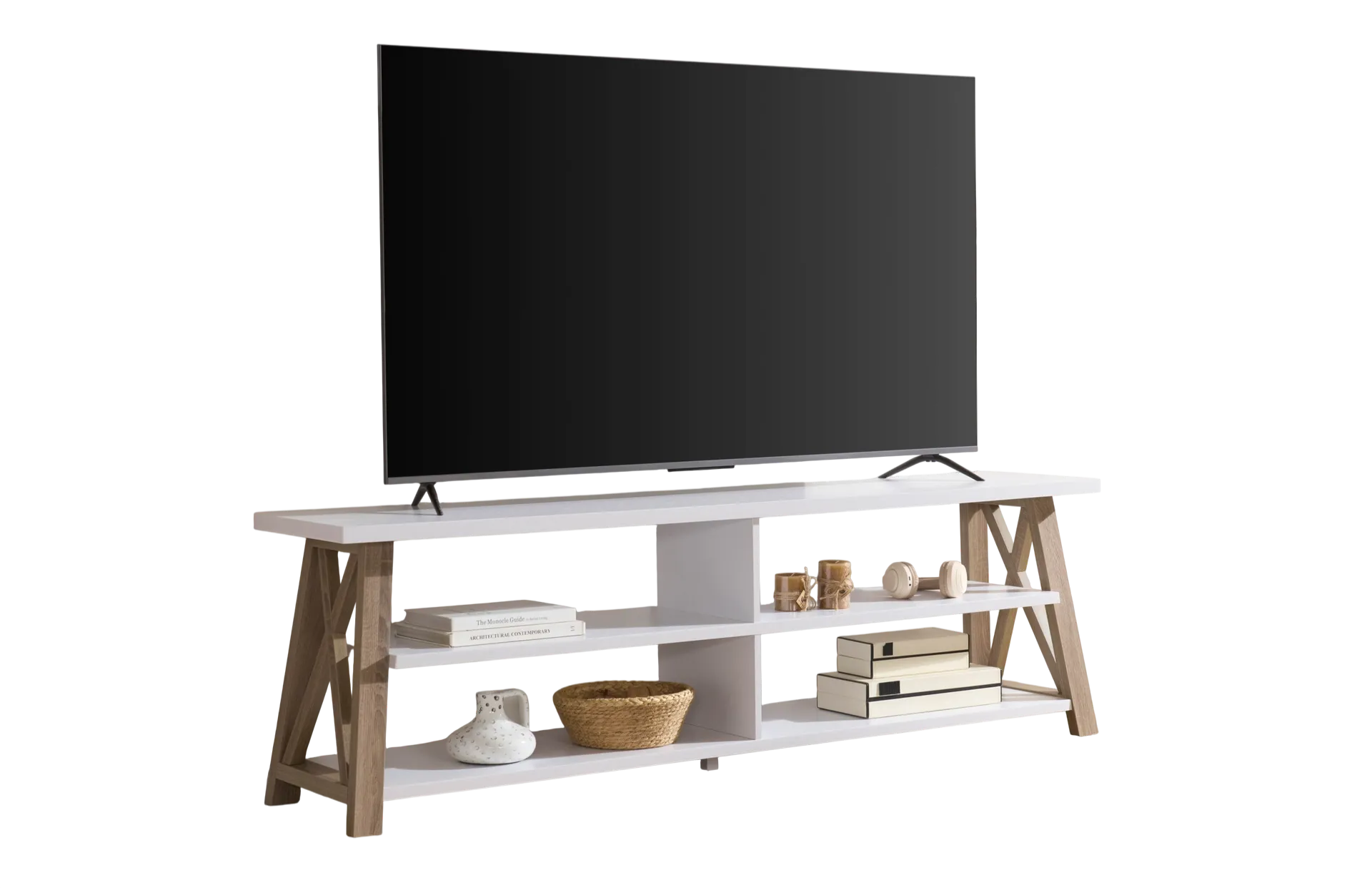 71" X-Frame White and Natural TV Stand with Open Shelves 3