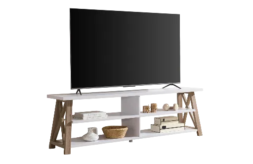 71" X-Frame White and Natural TV Stand with Open Shelves 3