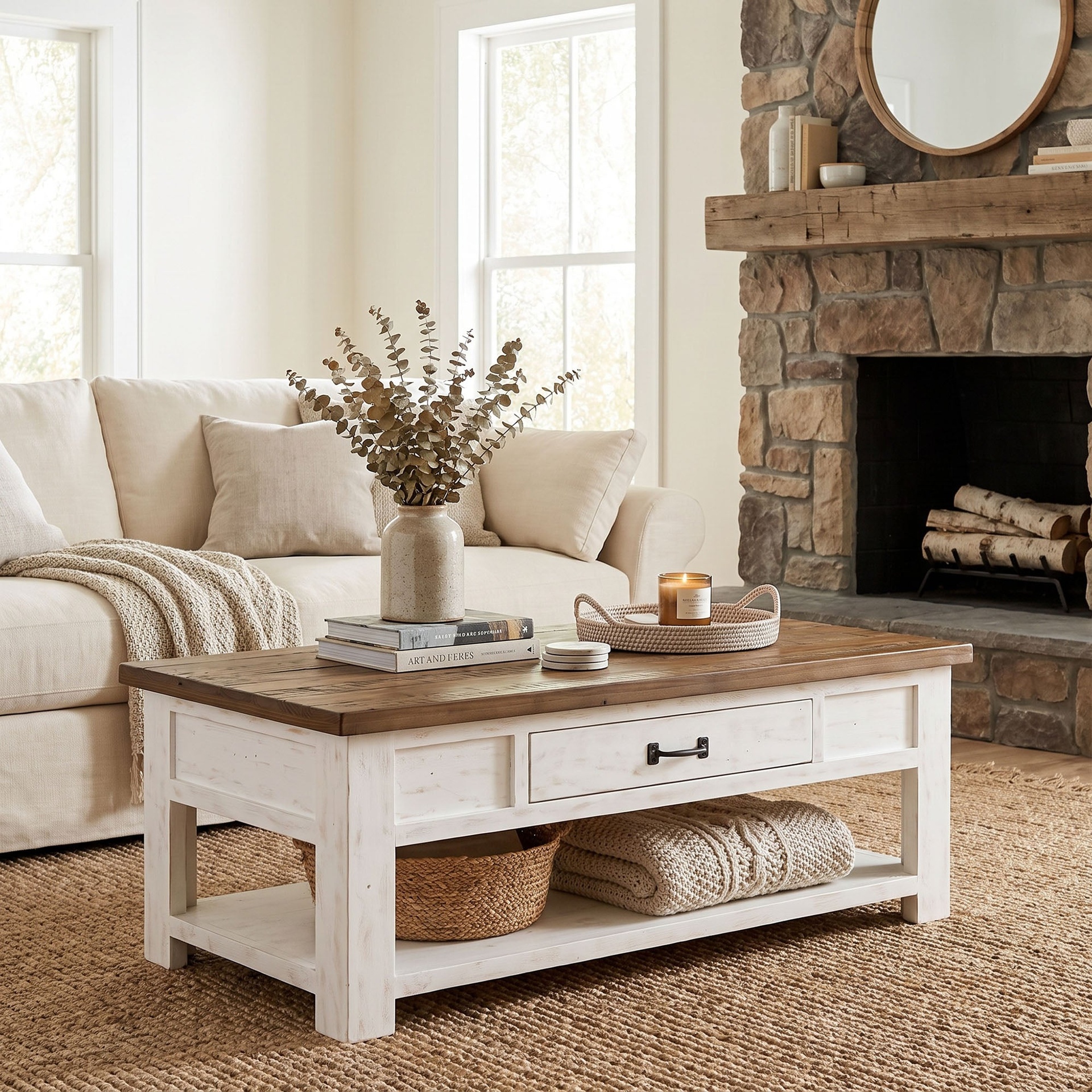 White and Wood Farmhouse Coffee Table 2