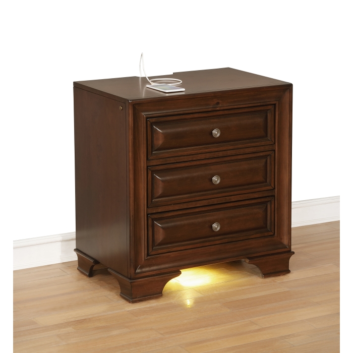 Milton Nightstand with USB Port and LED Lights (Brown Cherry)