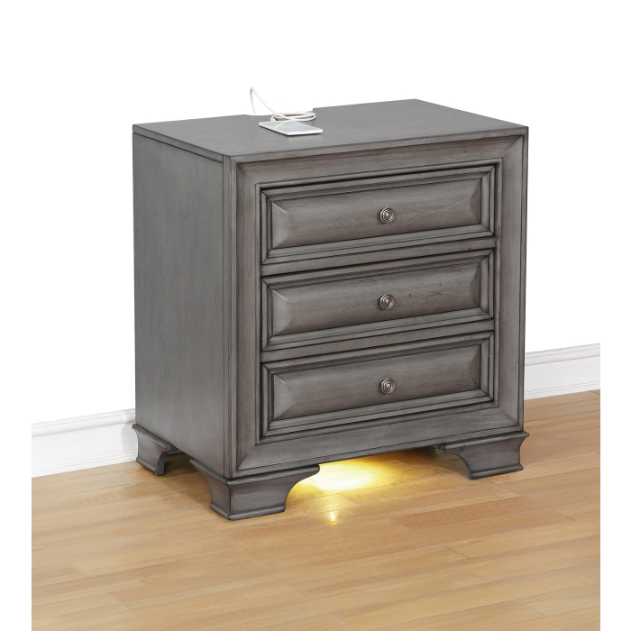 Milton Nightstand with USB Port and LED Lights (Grey)