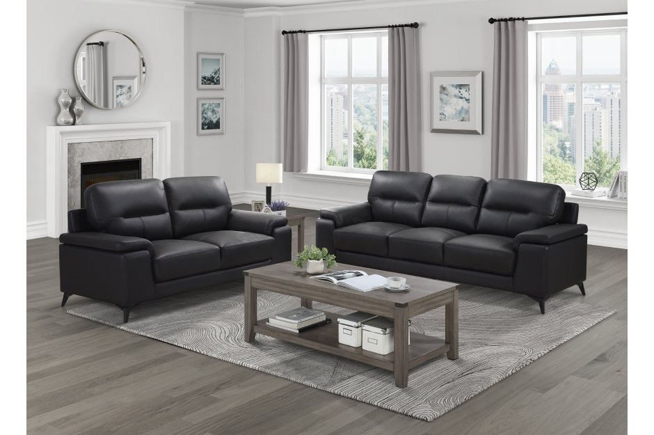 Mischa 3 Piece Sofa, Loveseat and Chair Set (Black Leather) - image 3