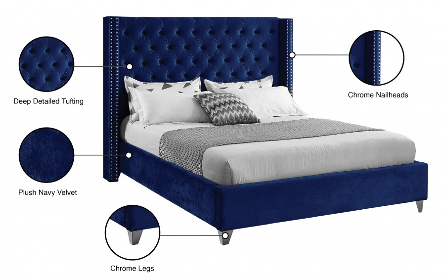Dunmore Royal Blue Velvet Button-Tufted Wingback Platform Bed 4