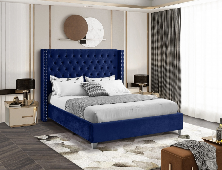 Dunmore Royal Blue Velvet Button-Tufted Wingback Platform Bed 7