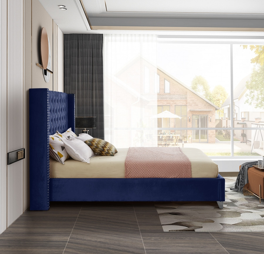 Dunmore Royal Blue Velvet Button-Tufted Wingback Platform Bed view 7