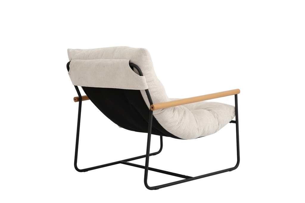 Beige Tufted Accent Chair with Wood Arms and Black Metal Frame view 1