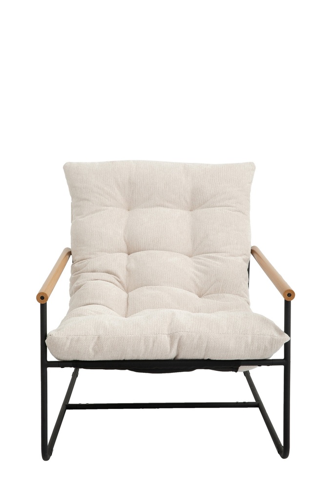 Beige Tufted Accent Chair with Wood Arms and Black Metal Frame view 2
