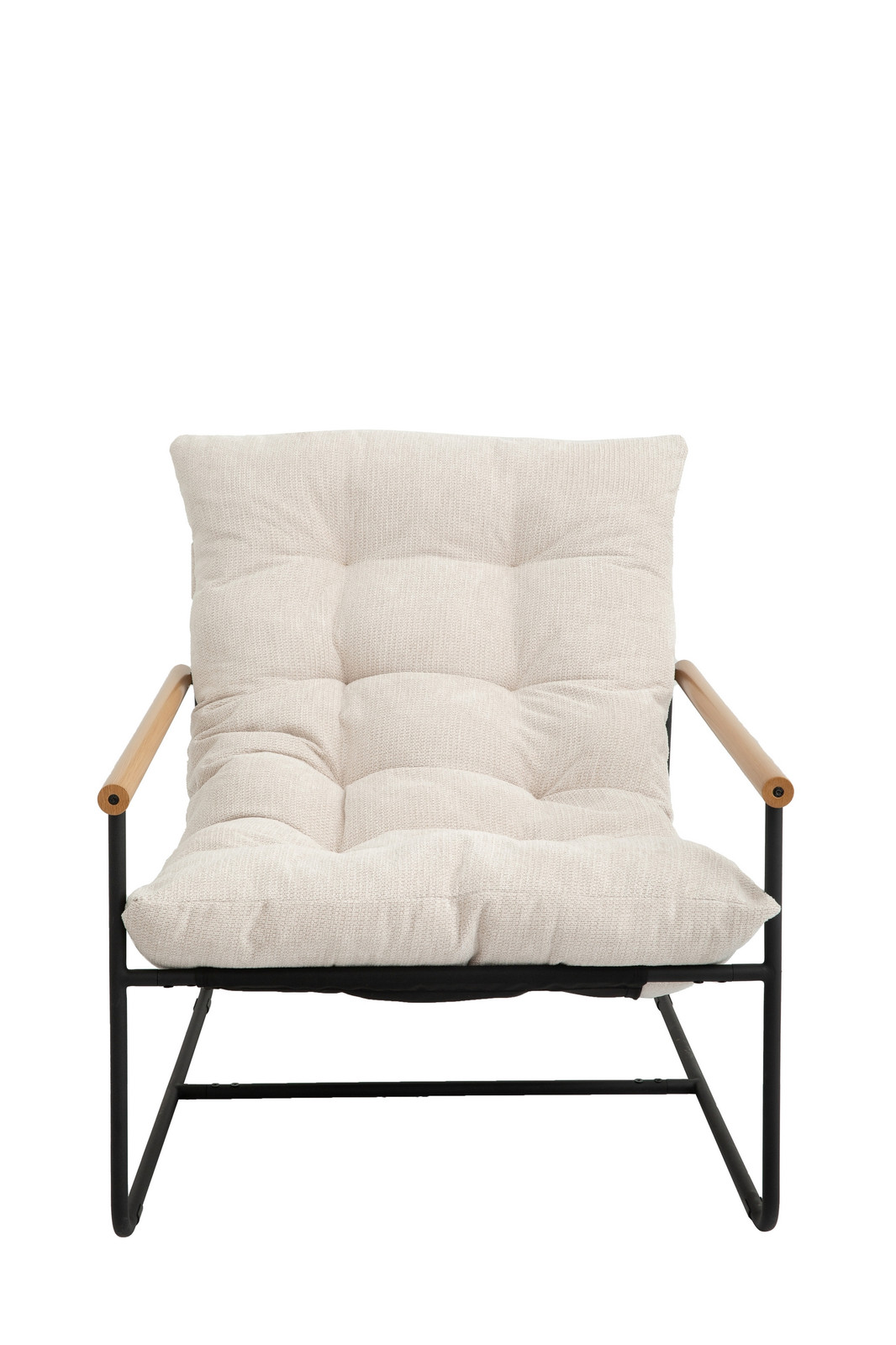 Beige Tufted Accent Chair with Wood Arms and Black Metal Frame 4