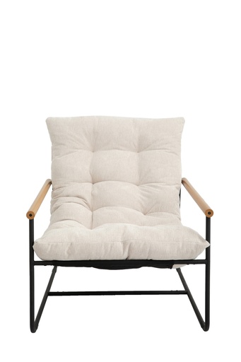Beige Tufted Accent Chair with Wood Arms and Black Metal Frame 4