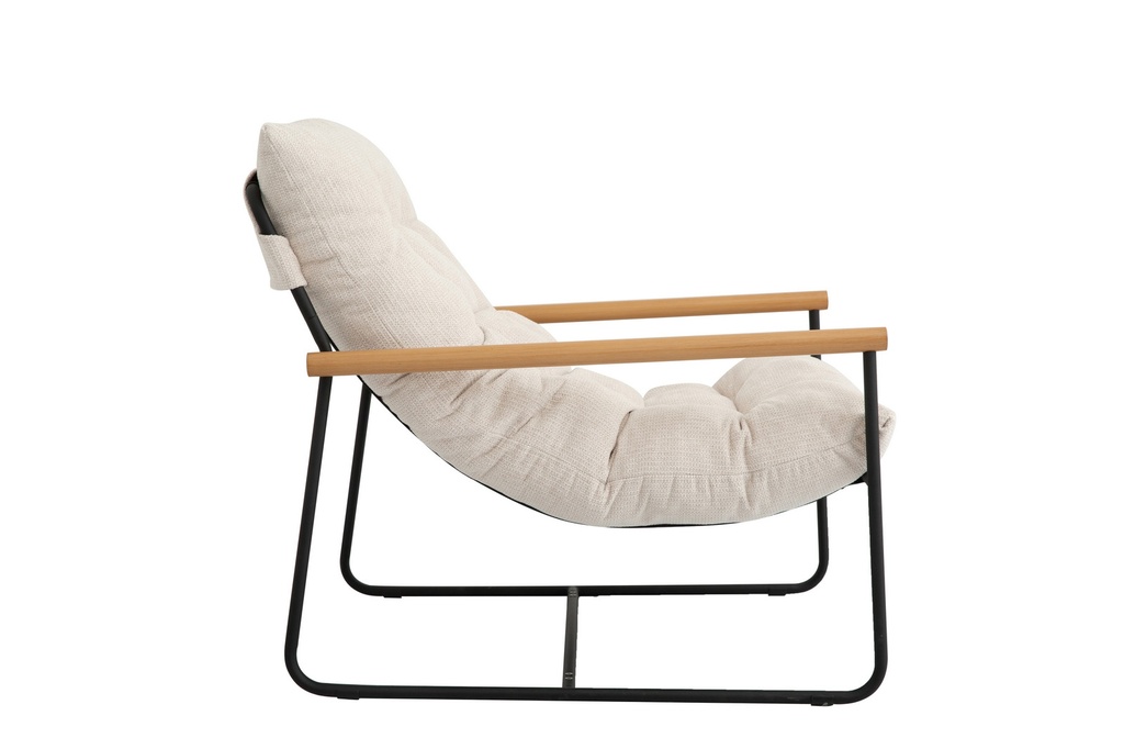 Beige Tufted Accent Chair with Wood Arms and Black Metal Frame view 3