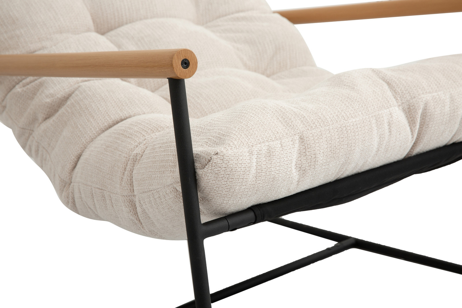 Beige Tufted Accent Chair with Wood Arms and Black Metal Frame 6