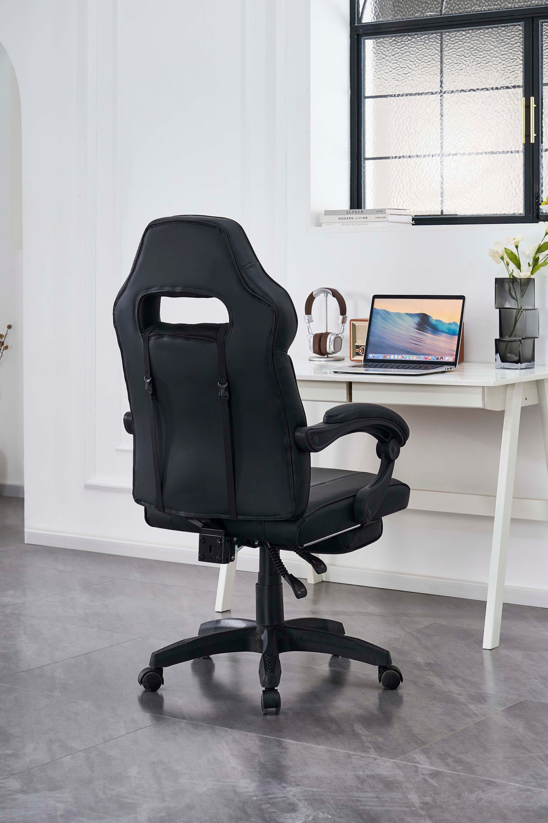 Black Leatherette High-Back Racing Office Chair with Footrest 3