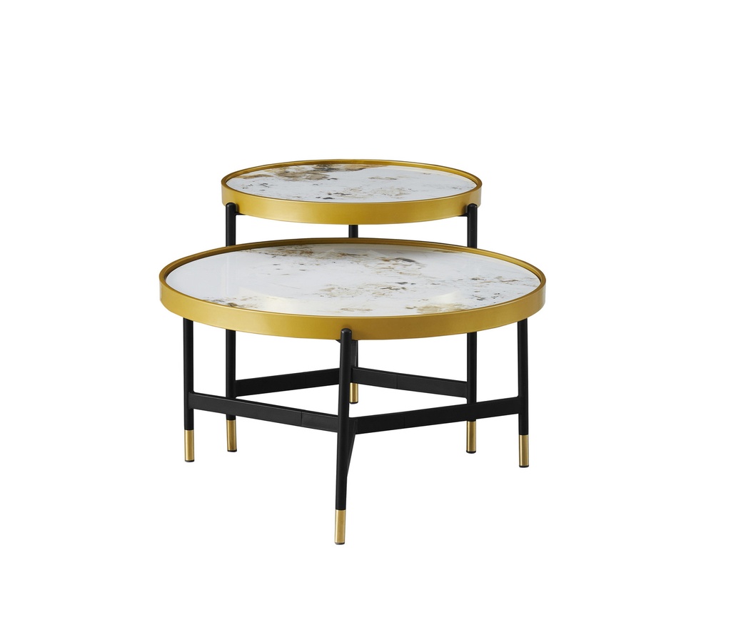 Pandora Marble Sintered Stone Round Coffee Table Set of 2 with Black and Gold Base view 1