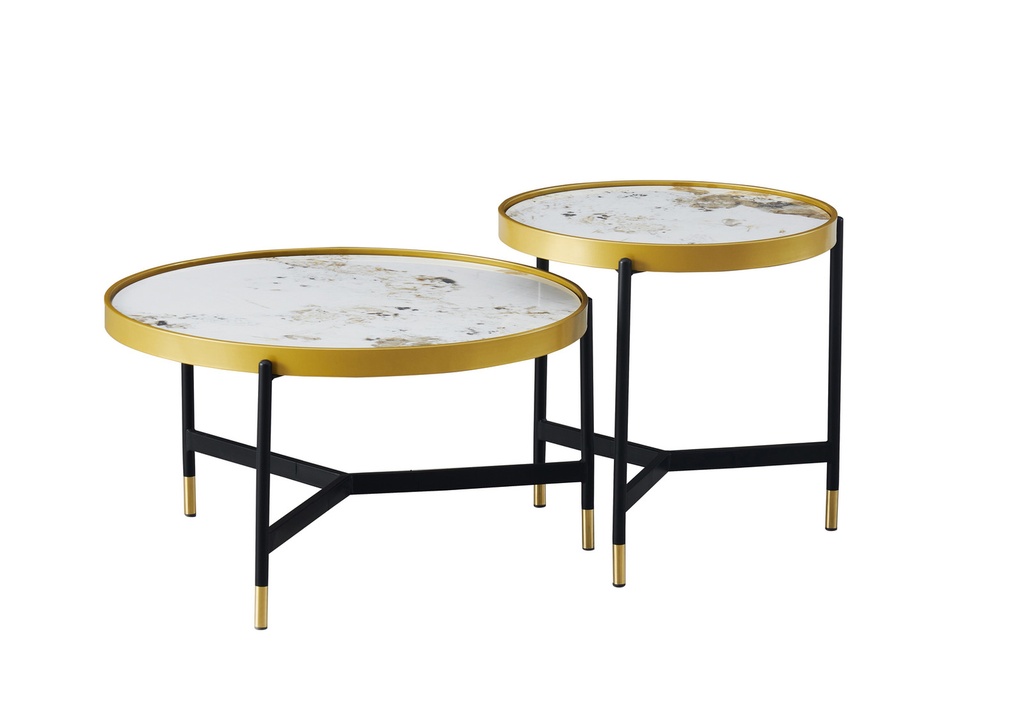 Pandora Marble Sintered Stone Round Coffee Table Set of 2 with Black and Gold Base view 2