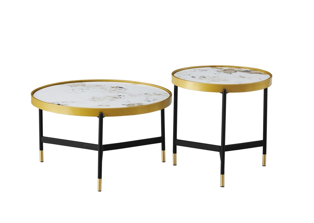 Pandora Marble Sintered Stone Round Coffee Table Set of 2 with Black and Gold Base view 3
