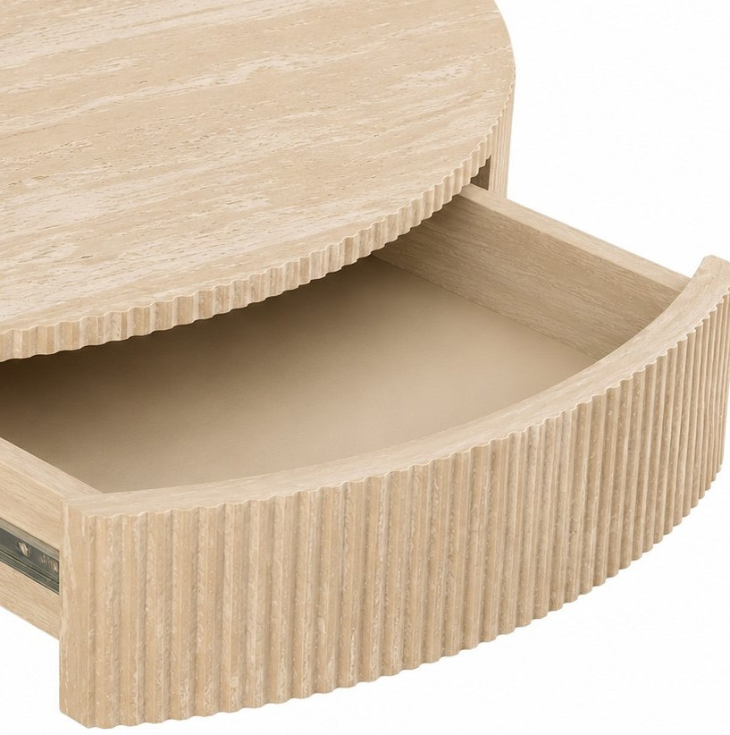 Beige Travertine-Look Round Storage Coffee Table with Drawer view 1