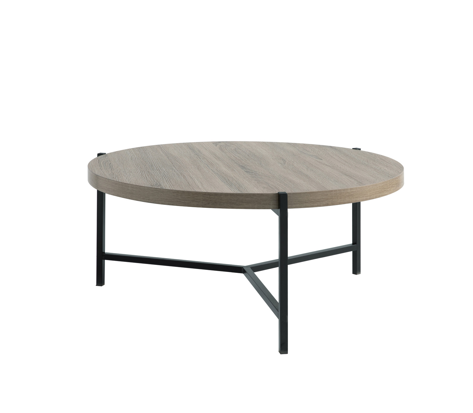 Grey Wood-Look Round Coffee Table with Black Metal Base 3