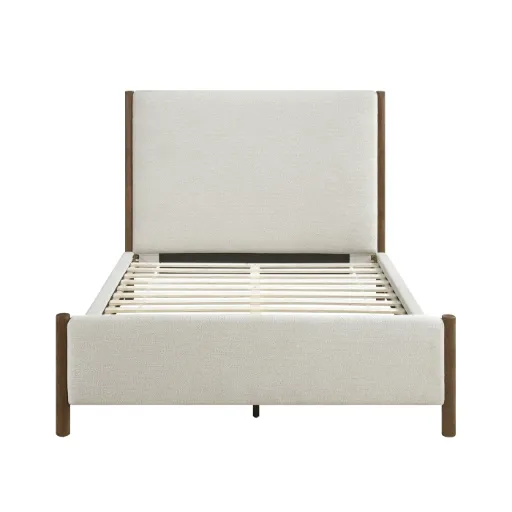 Beige Chenille Upholstered Full Platform Bed with Oak Corner Posts 2