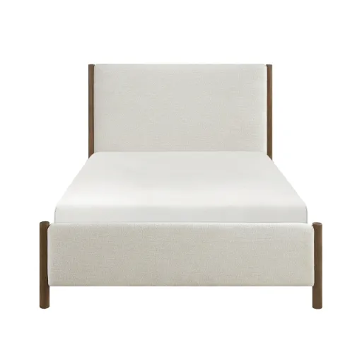 Beige Chenille Upholstered Full Platform Bed with Oak Corner Posts 3